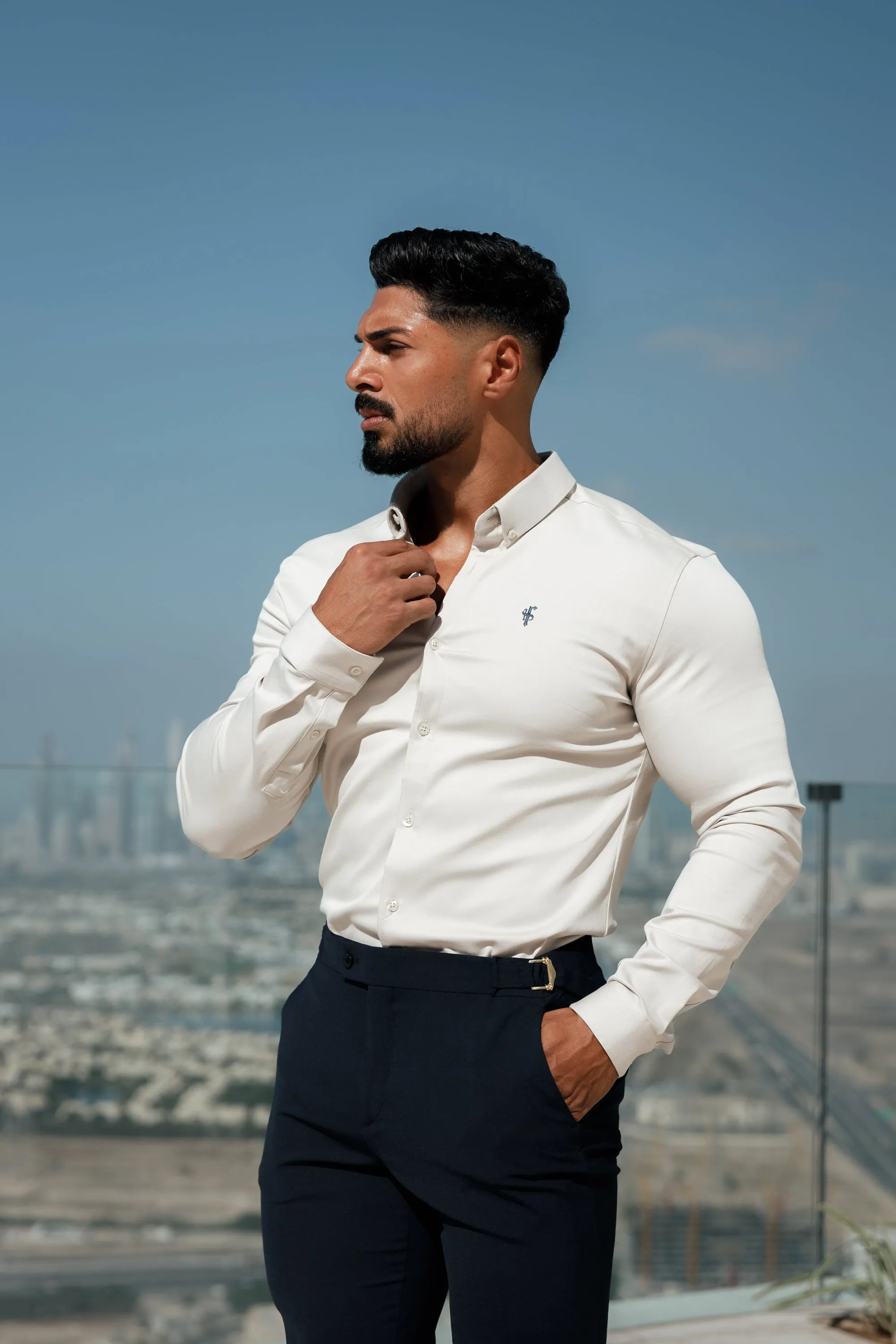 Father Sons Super Slim Stretch Oatmeal Denim Long Sleeve With Button Down Collar - FS1024