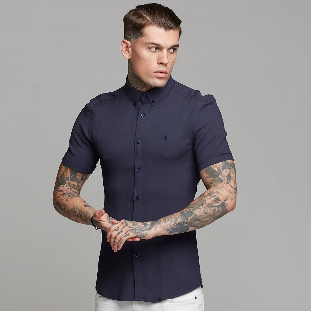 Father Sons Super Slim Stretch Ribbed Navy Short Sleeve - FS442
