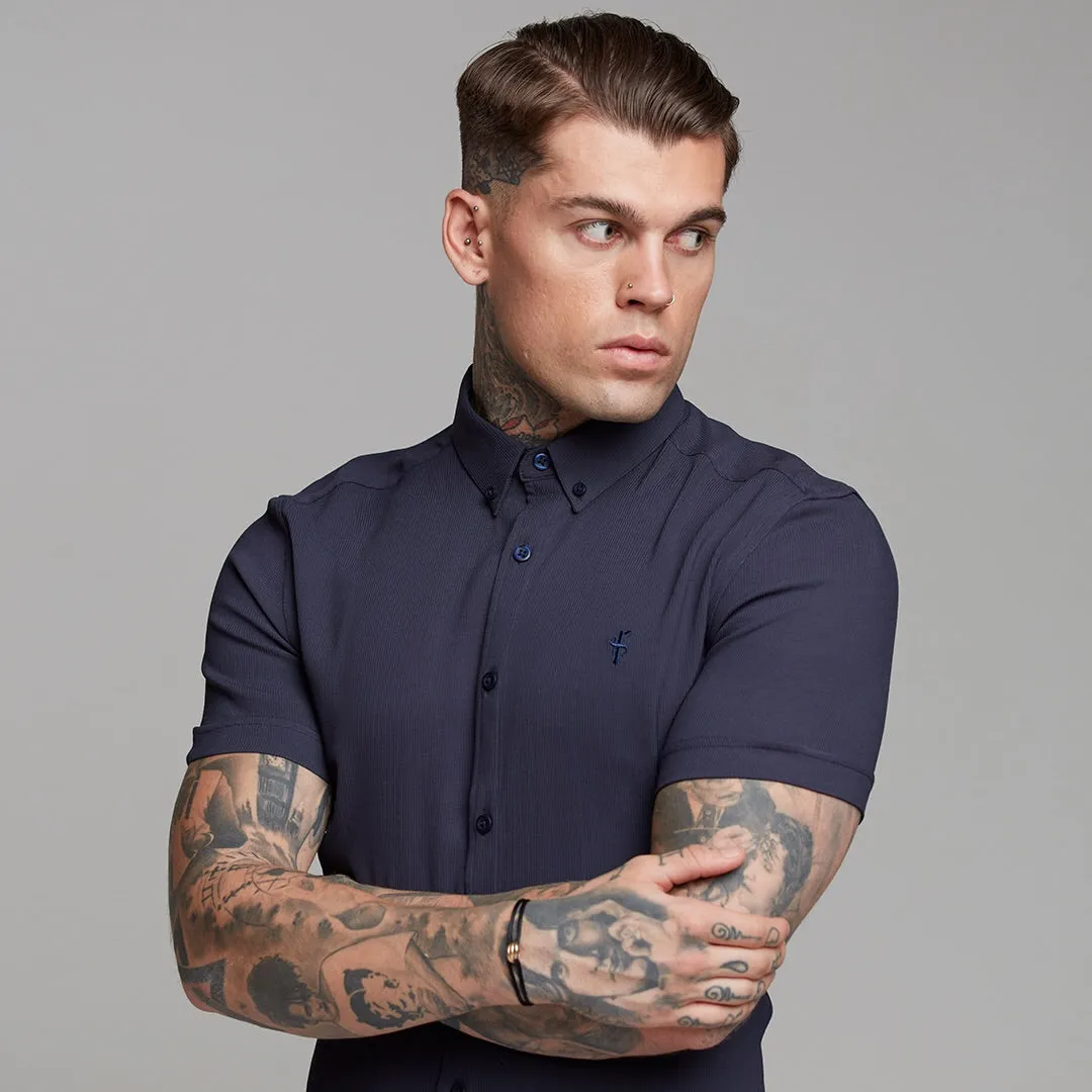Father Sons Super Slim Stretch Ribbed Navy Short Sleeve - FS442