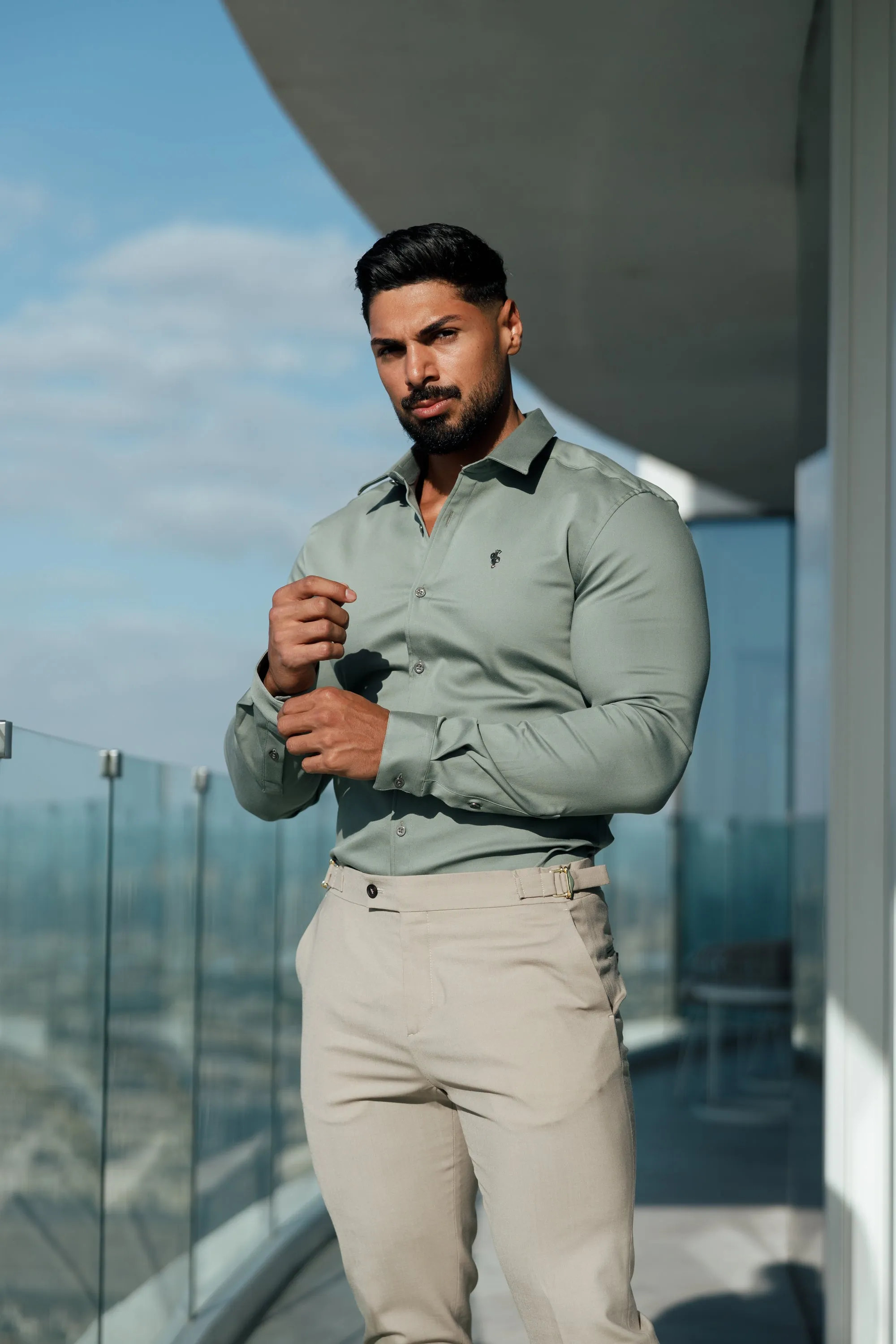 Father Sons Super Slim Stretch Sage Green Denim Long Sleeve With Metal Buttons and Decal - FS1020