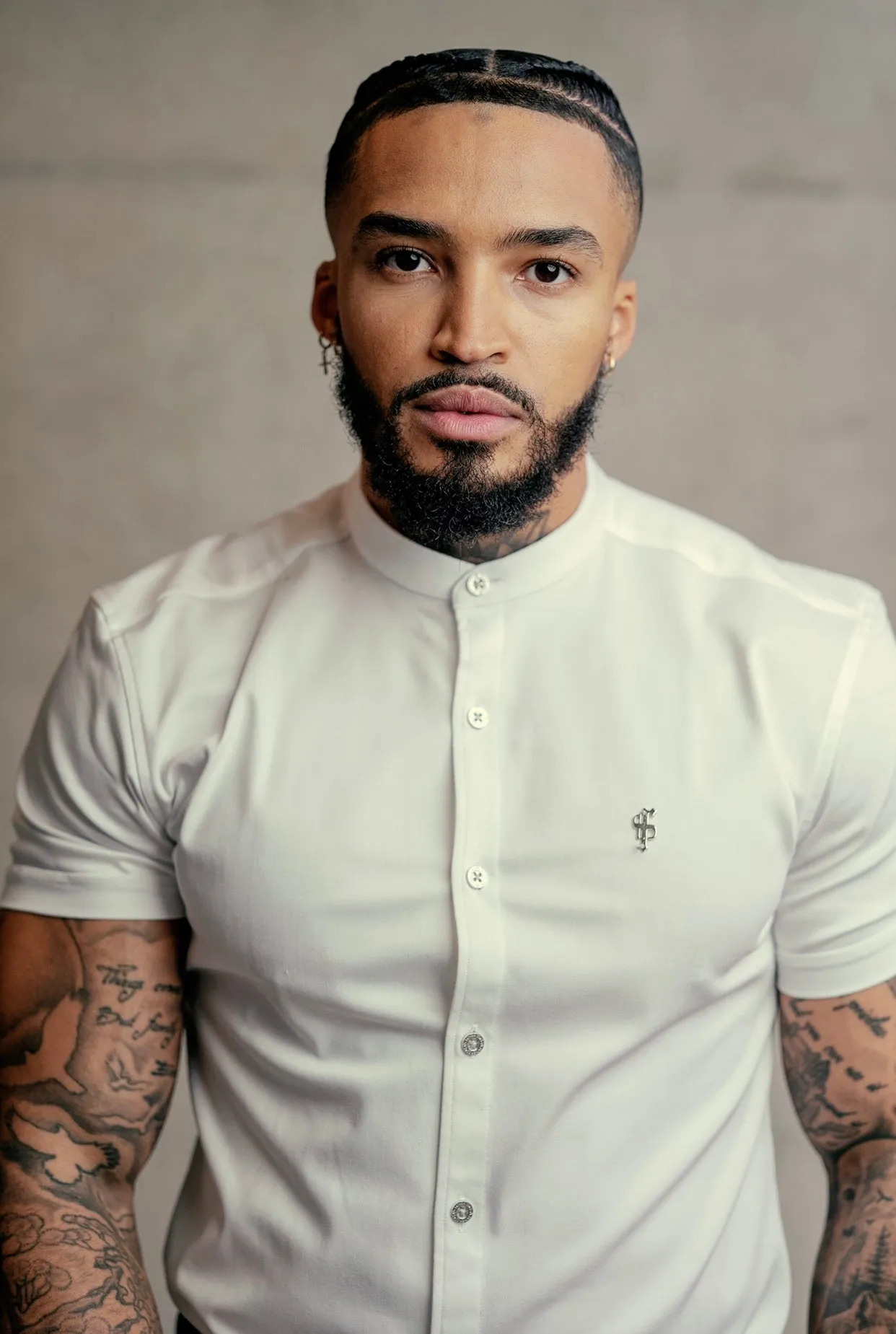 Father Sons Super Slim Stretch White Denim Short Sleeve Grandad collar with Silver Metal Buttons and Decal Emblem - FS762