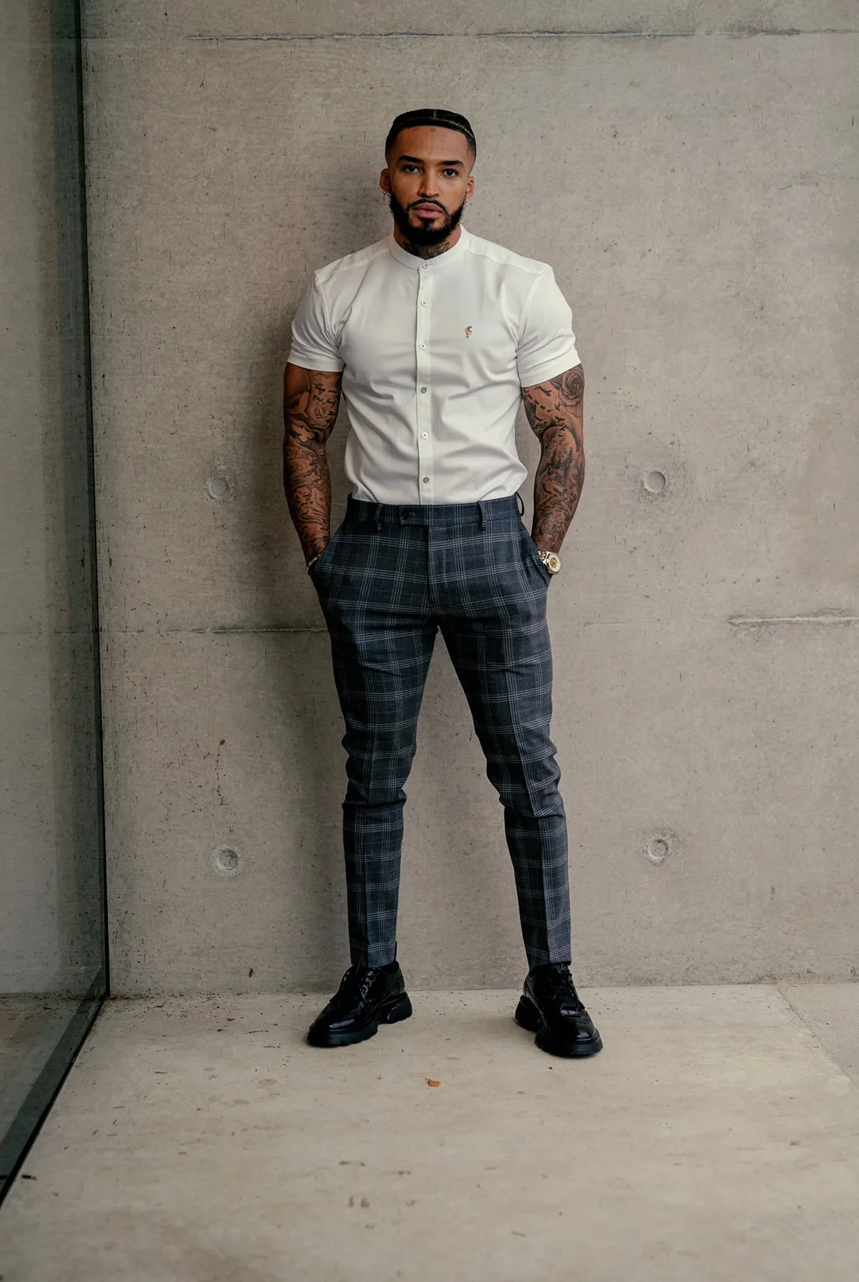 Father Sons Super Slim Stretch White Denim Short Sleeve Grandad collar with Silver Metal Buttons and Decal Emblem - FS762