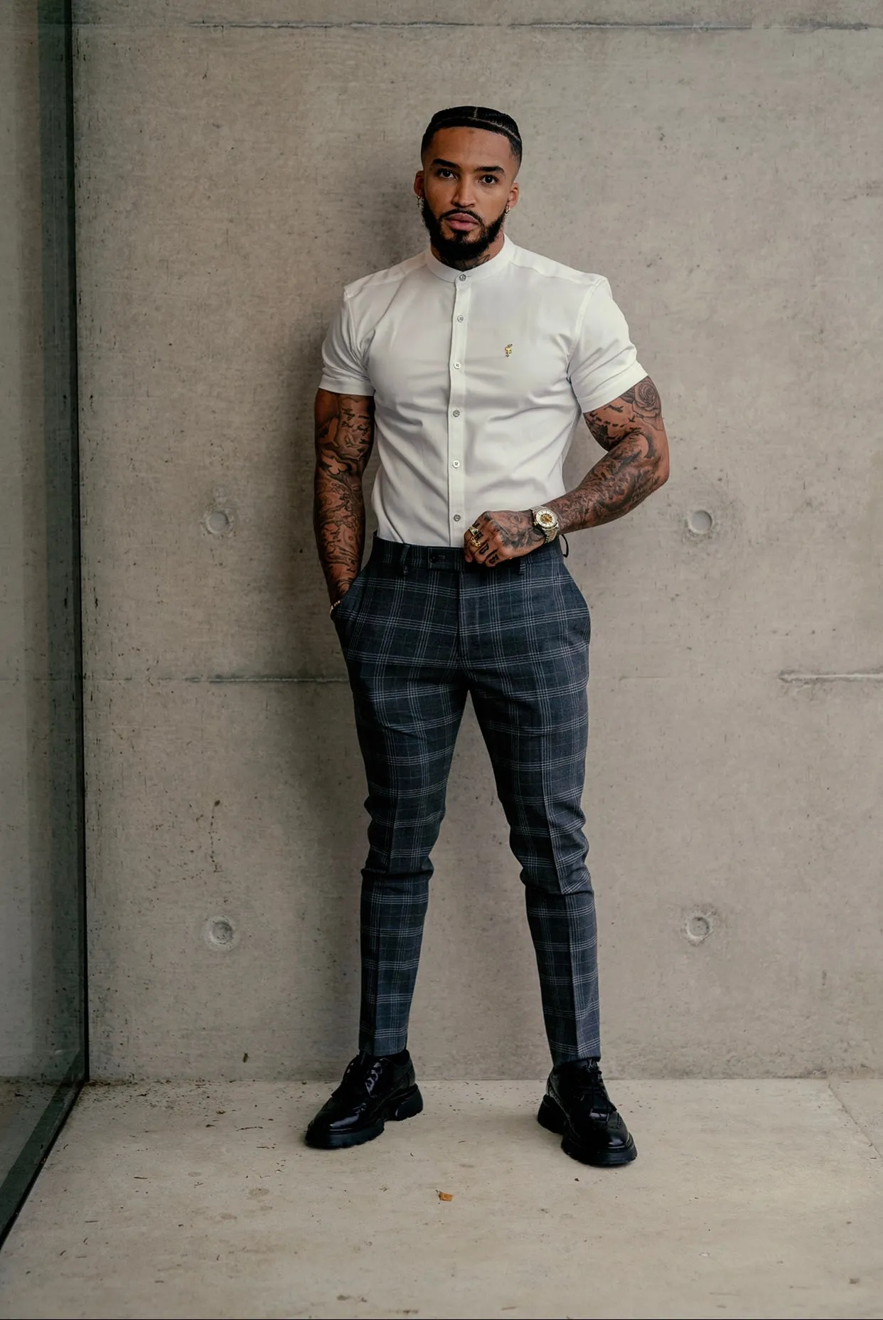 Father Sons Super Slim Stretch White Denim Short Sleeve Grandad collar with Silver Metal Buttons and Decal Emblem - FS762