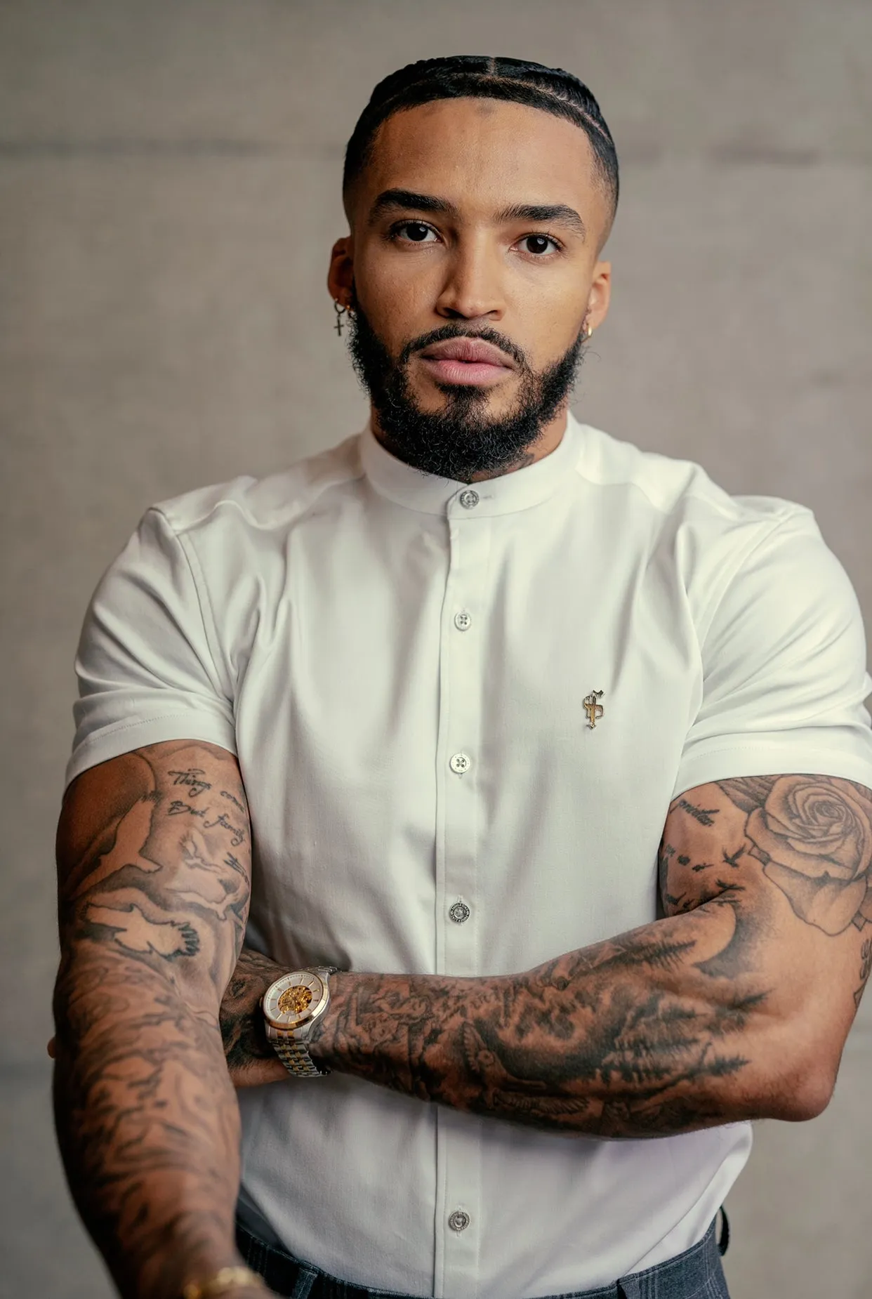 Father Sons Super Slim Stretch White Denim Short Sleeve Grandad collar with Silver Metal Buttons and Decal Emblem - FS762