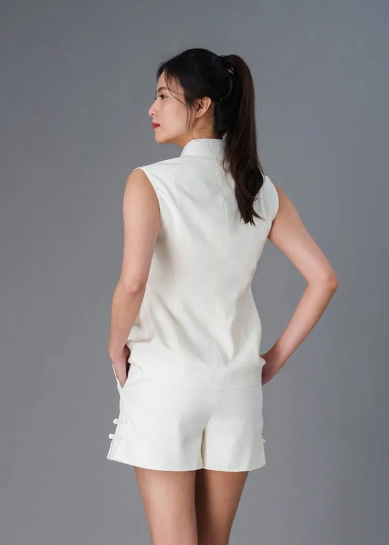 Fitted Linen Oriental Vest (Vanilla White)