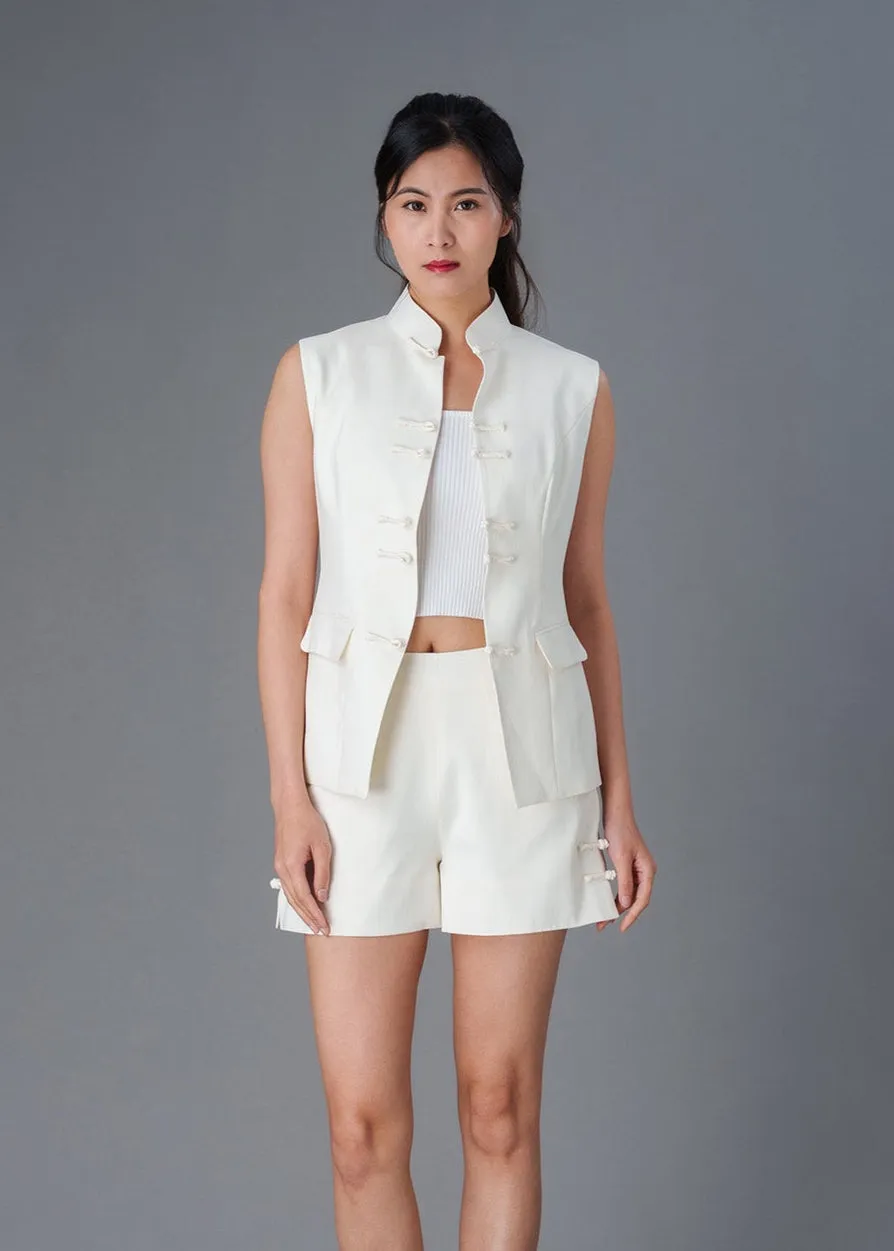 Fitted Linen Oriental Vest (Vanilla White)