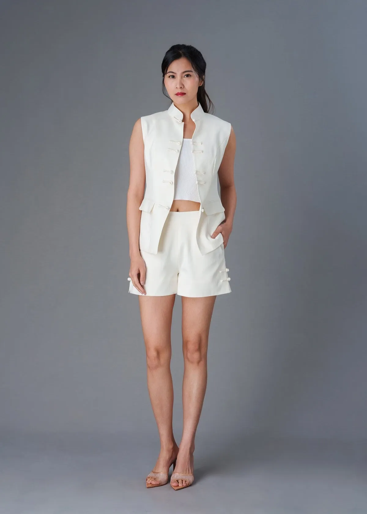 Fitted Linen Oriental Vest (Vanilla White)