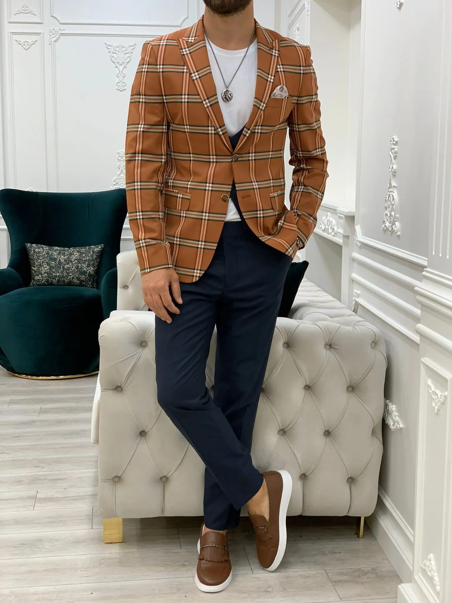 Florian Cinnamon Brown Slim Fit Peak Lapel Plaid Suit for Modern Men