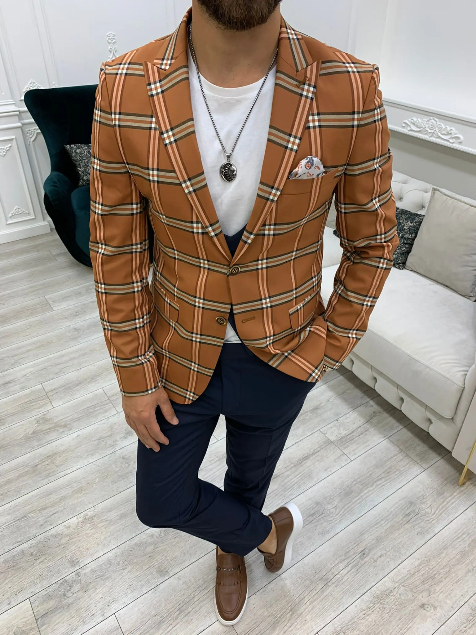 Florian Cinnamon Brown Slim Fit Peak Lapel Plaid Suit for Modern Men
