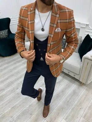 Florian Cinnamon Brown Slim Fit Peak Lapel Plaid Suit for Modern Men