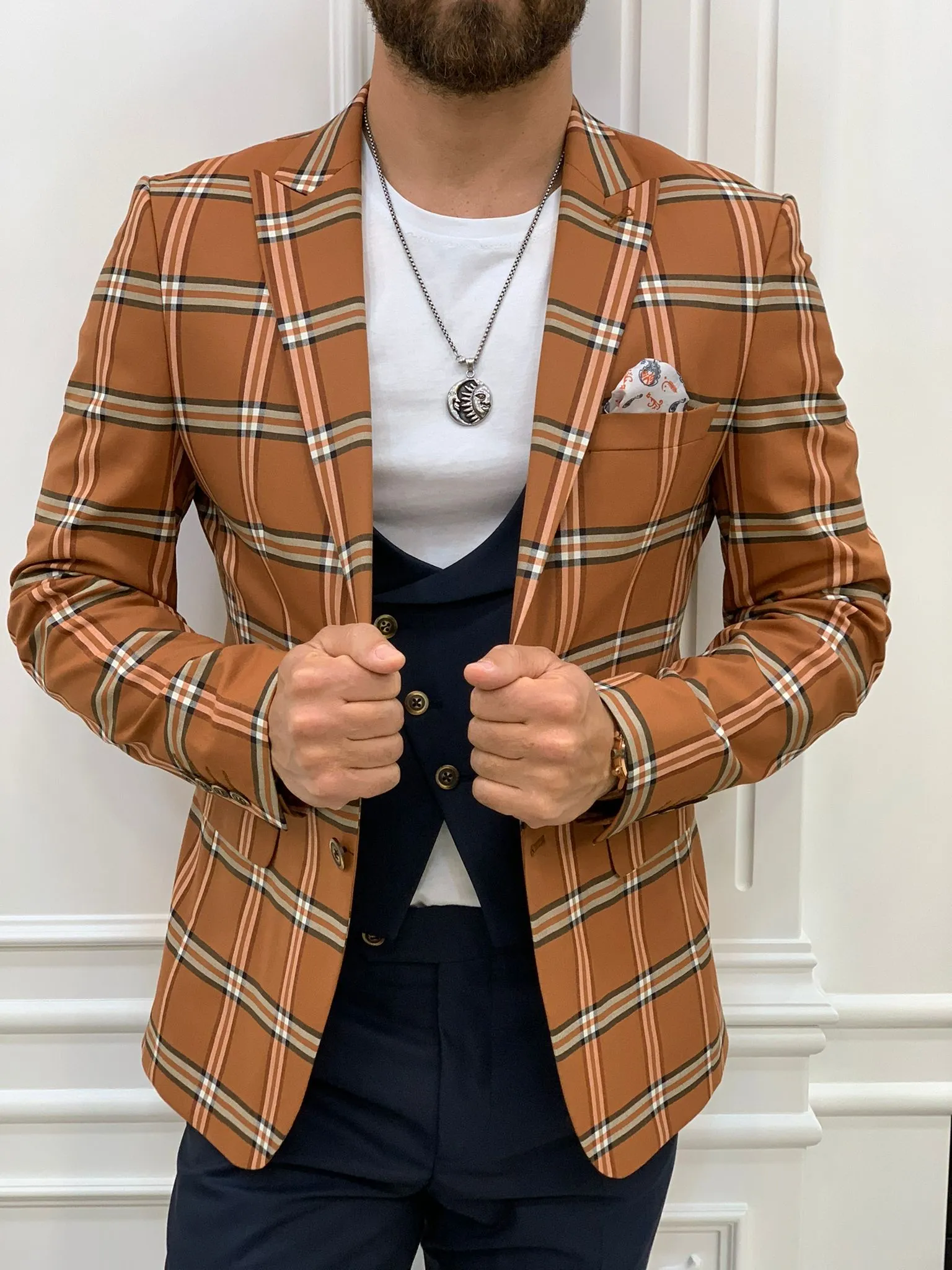 Florian Cinnamon Brown Slim Fit Peak Lapel Plaid Suit for Modern Men