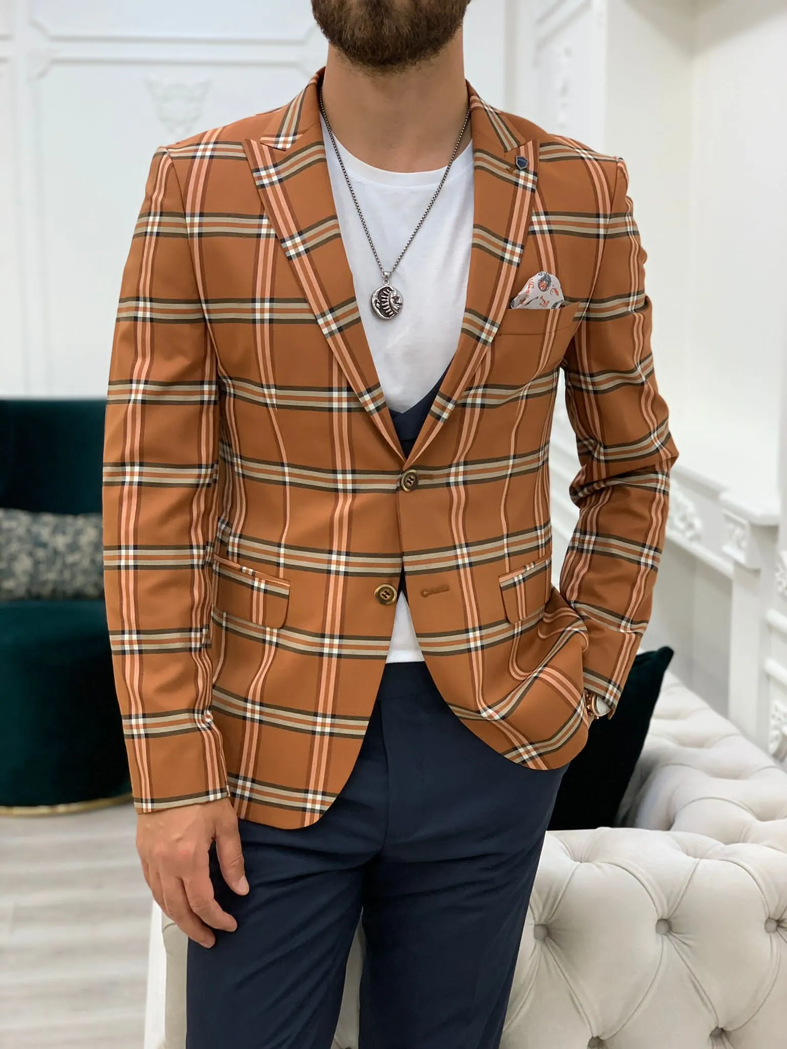 Florian Cinnamon Brown Slim Fit Peak Lapel Plaid Suit for Modern Men