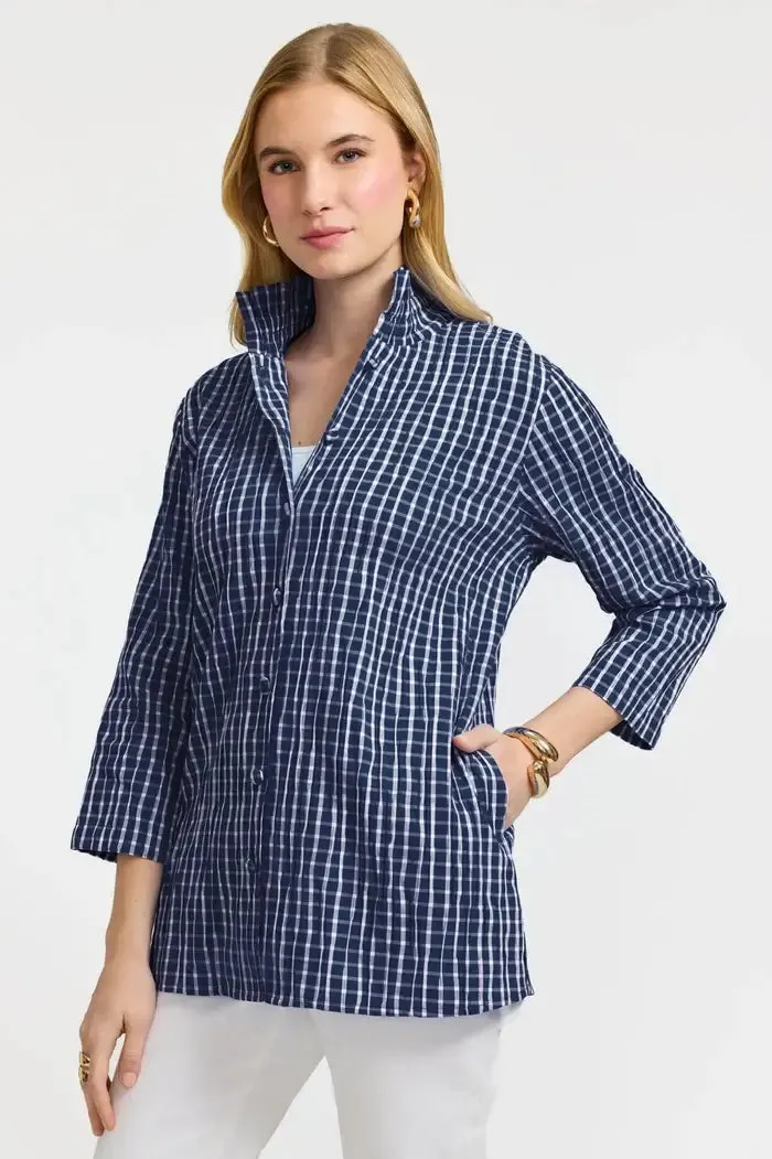 Foxcroft Carolina Crinkle Shirt Jacket in Navy and White