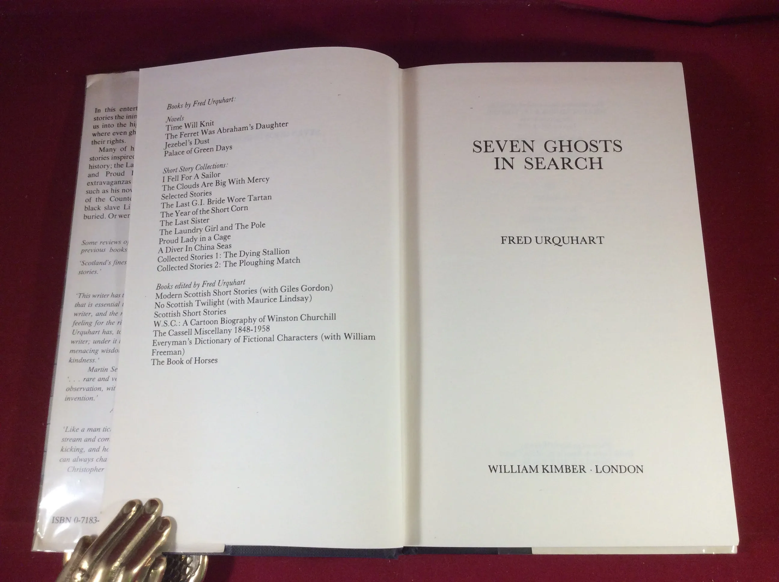 Fred Urquhart, Seven Ghosts in Search, William Kimber, 1983, First Edition, Signed and Inscribed.