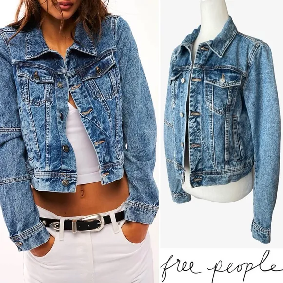 Free People We the Free &quot;Rumors&quot; Cropped Denim Jacket Light Indigo Blue XS EUC