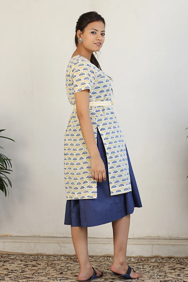 Gathered dress with block print jacket and belt in Navy Blue and Print (2pc set)
