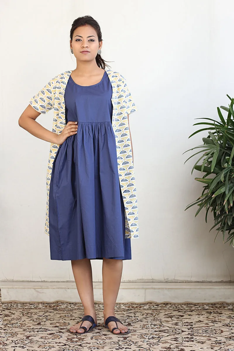 Gathered dress with block print jacket and belt in Navy Blue and Print (2pc set)