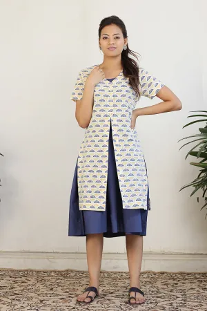 Gathered dress with block print jacket and belt in Navy Blue and Print (2pc set)