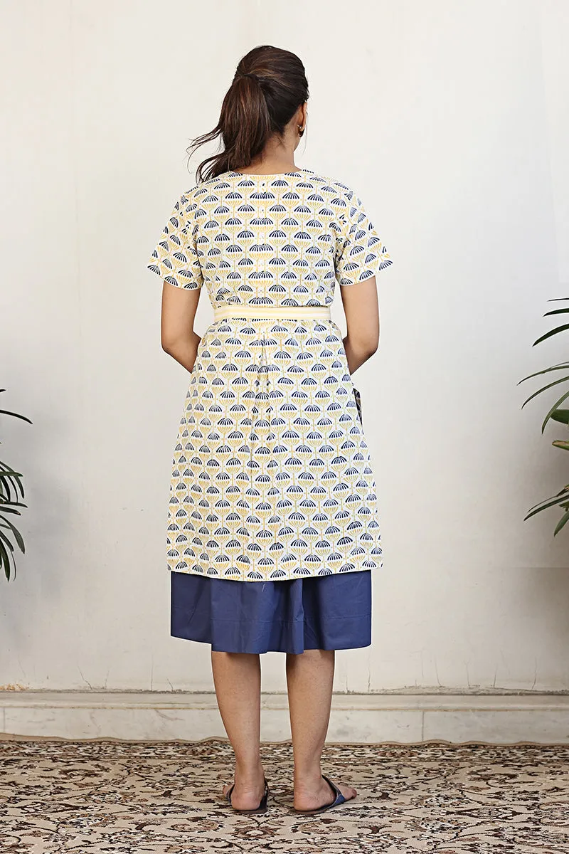 Gathered dress with block print jacket and belt in Navy Blue and Print (2pc set)