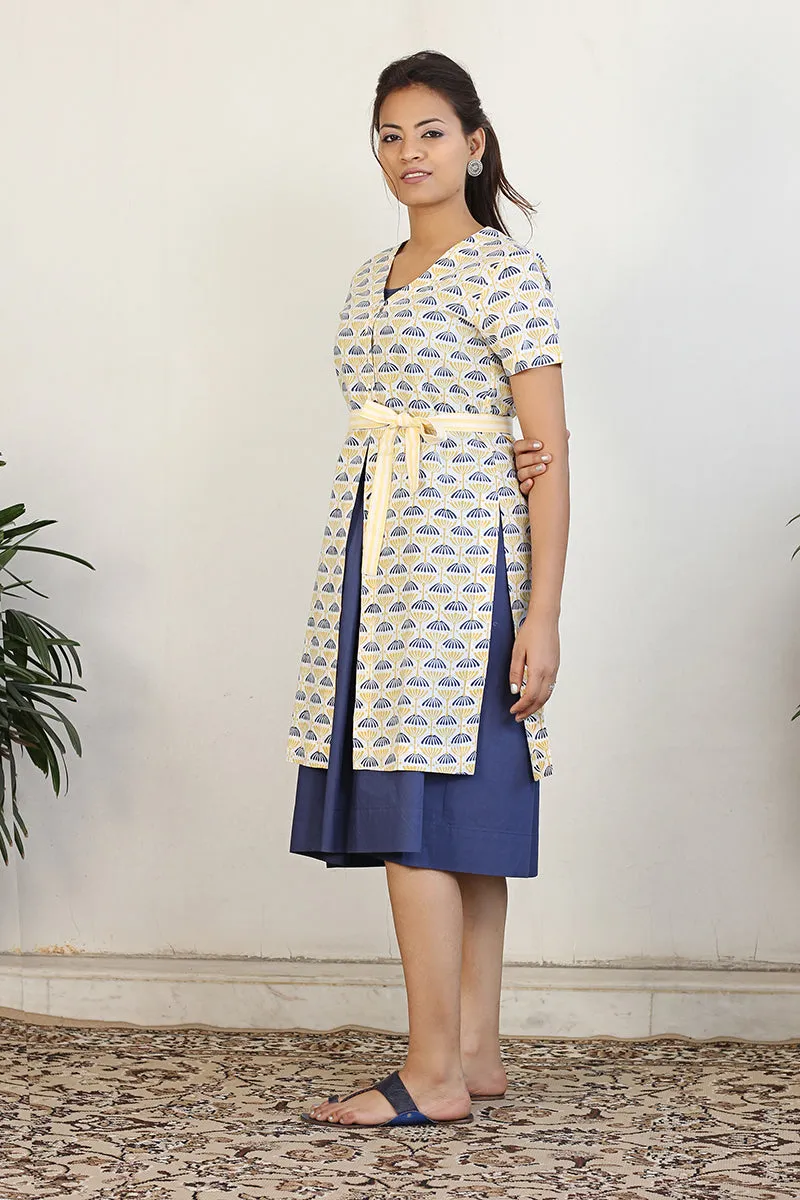 Gathered dress with block print jacket and belt in Navy Blue and Print (2pc set)