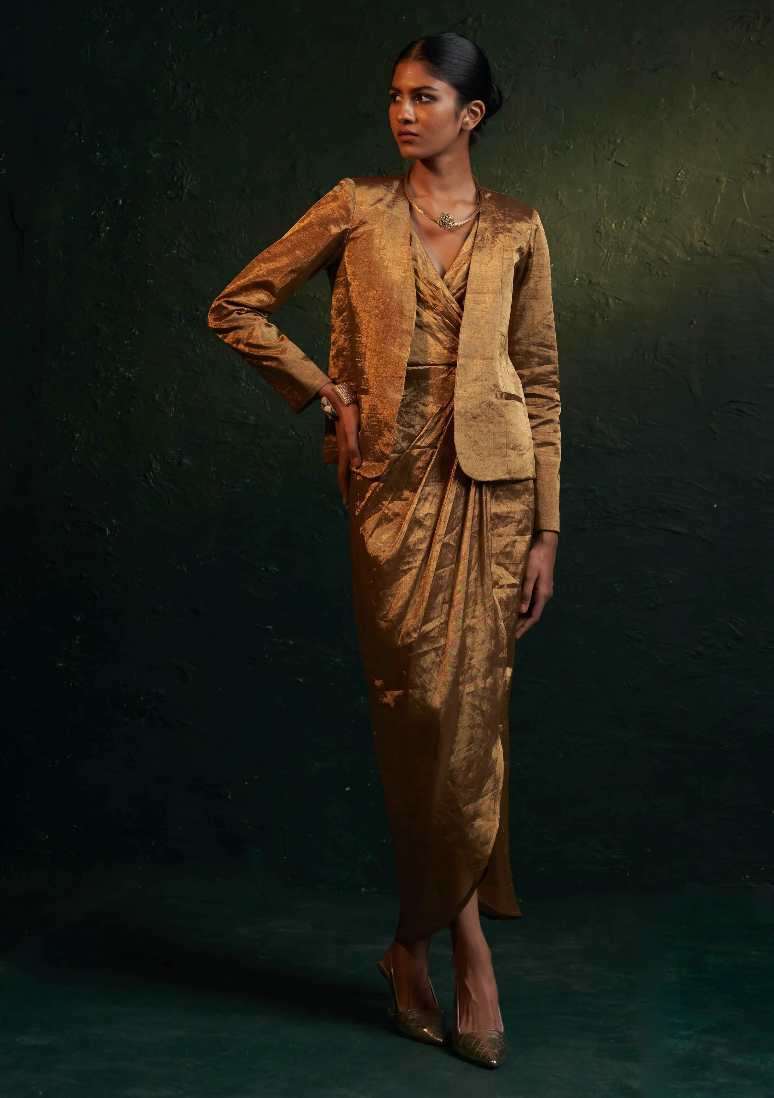 Gold drape dress and jacket