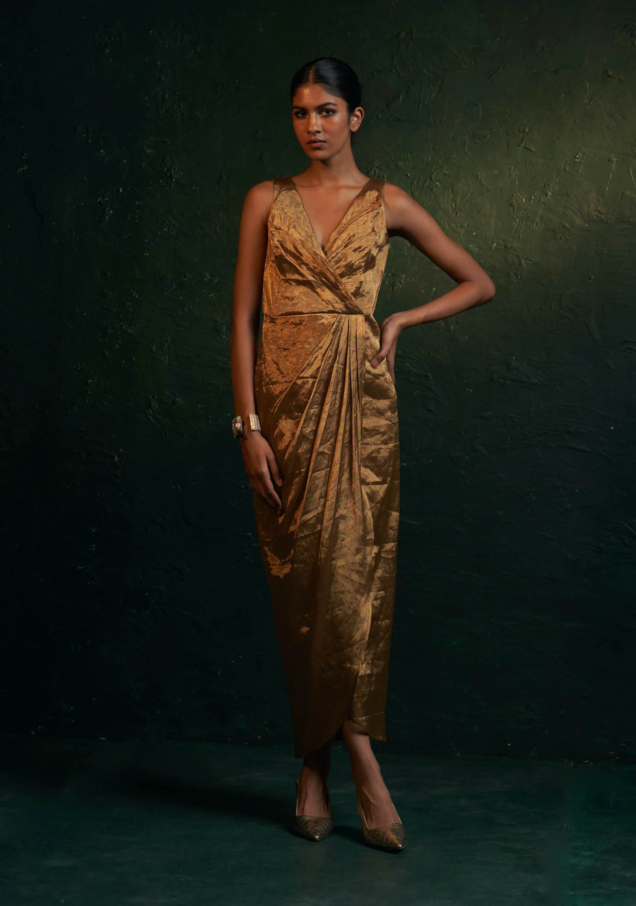 Gold drape dress and jacket