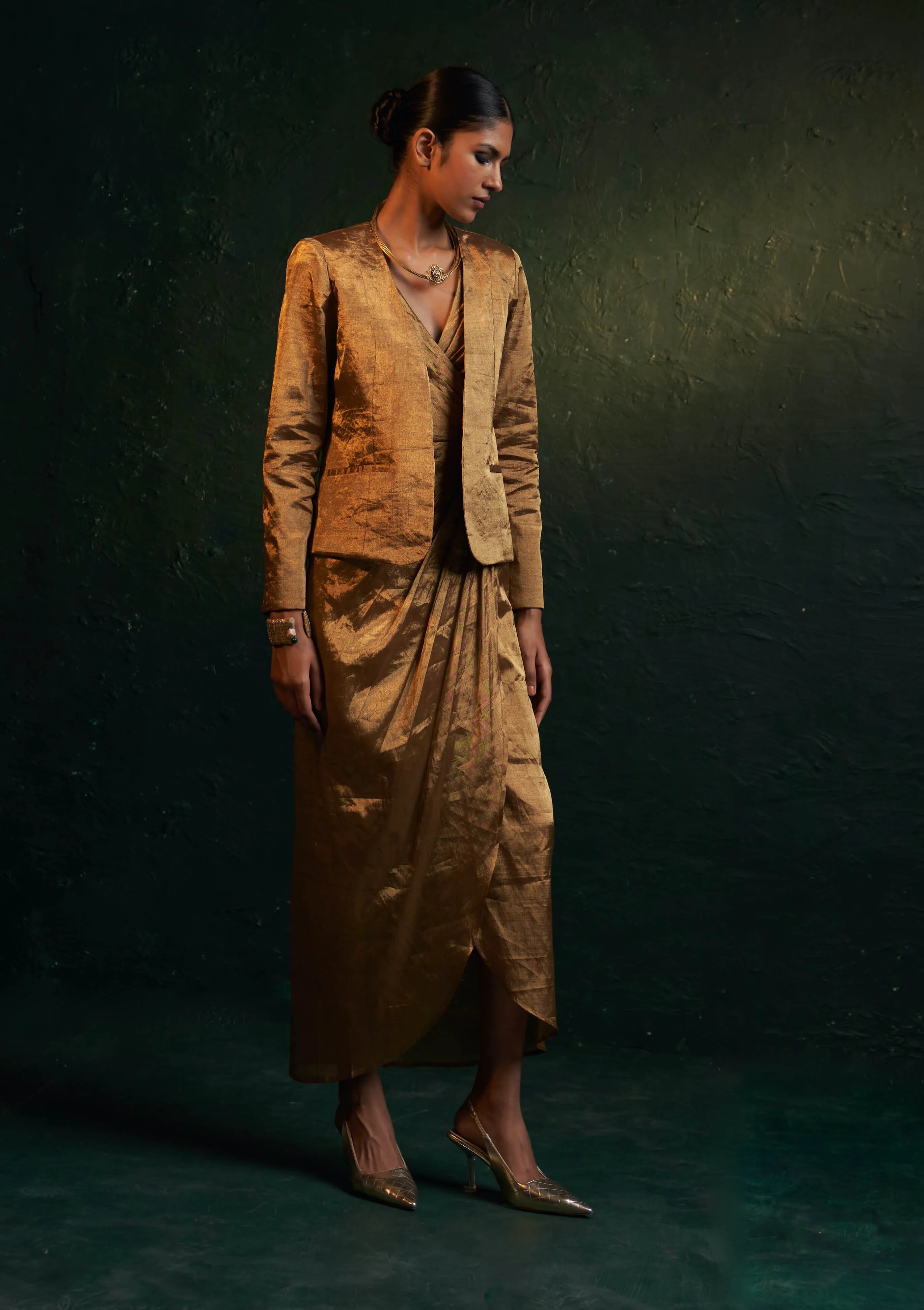 Gold drape dress and jacket