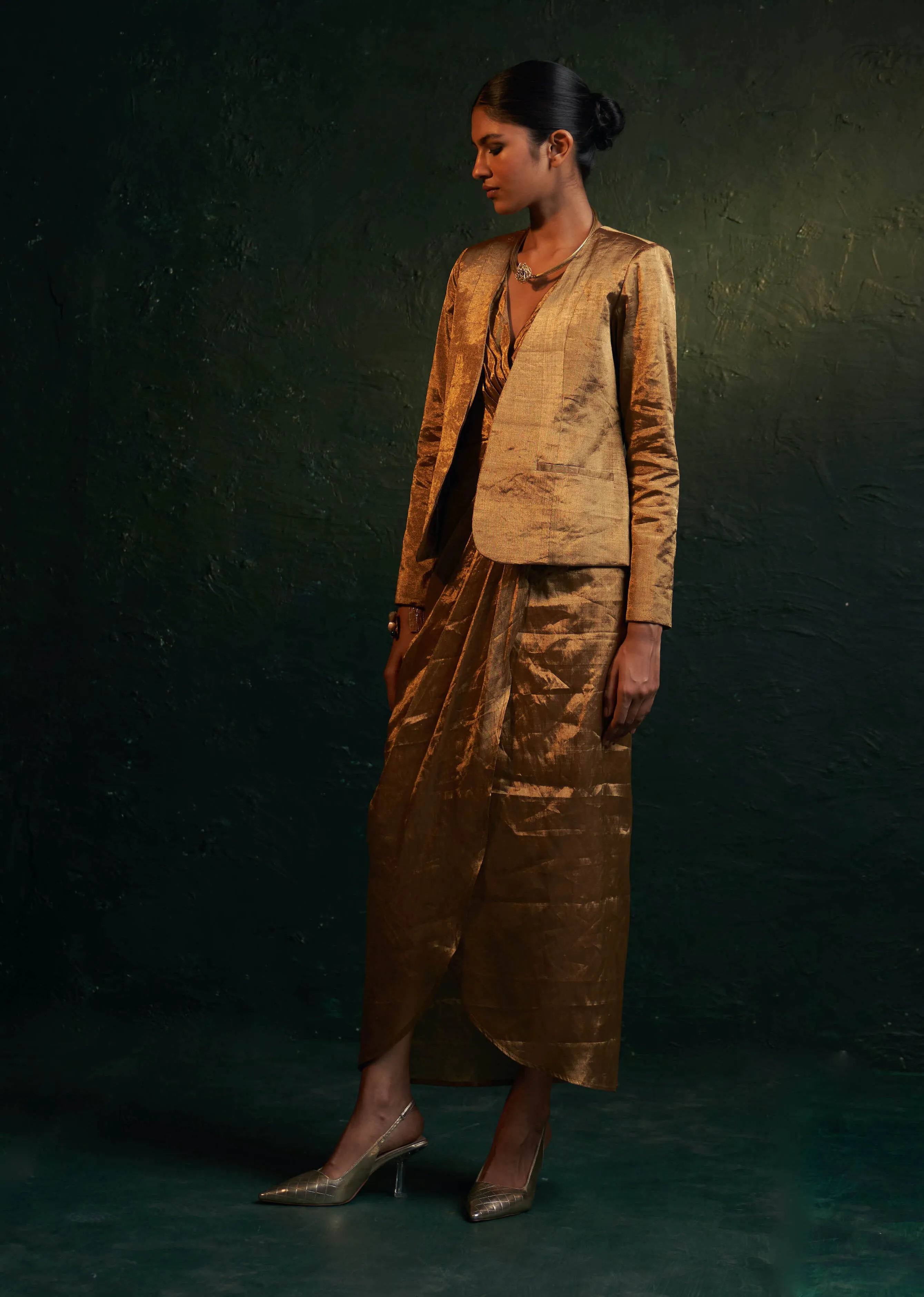 Gold drape dress and jacket