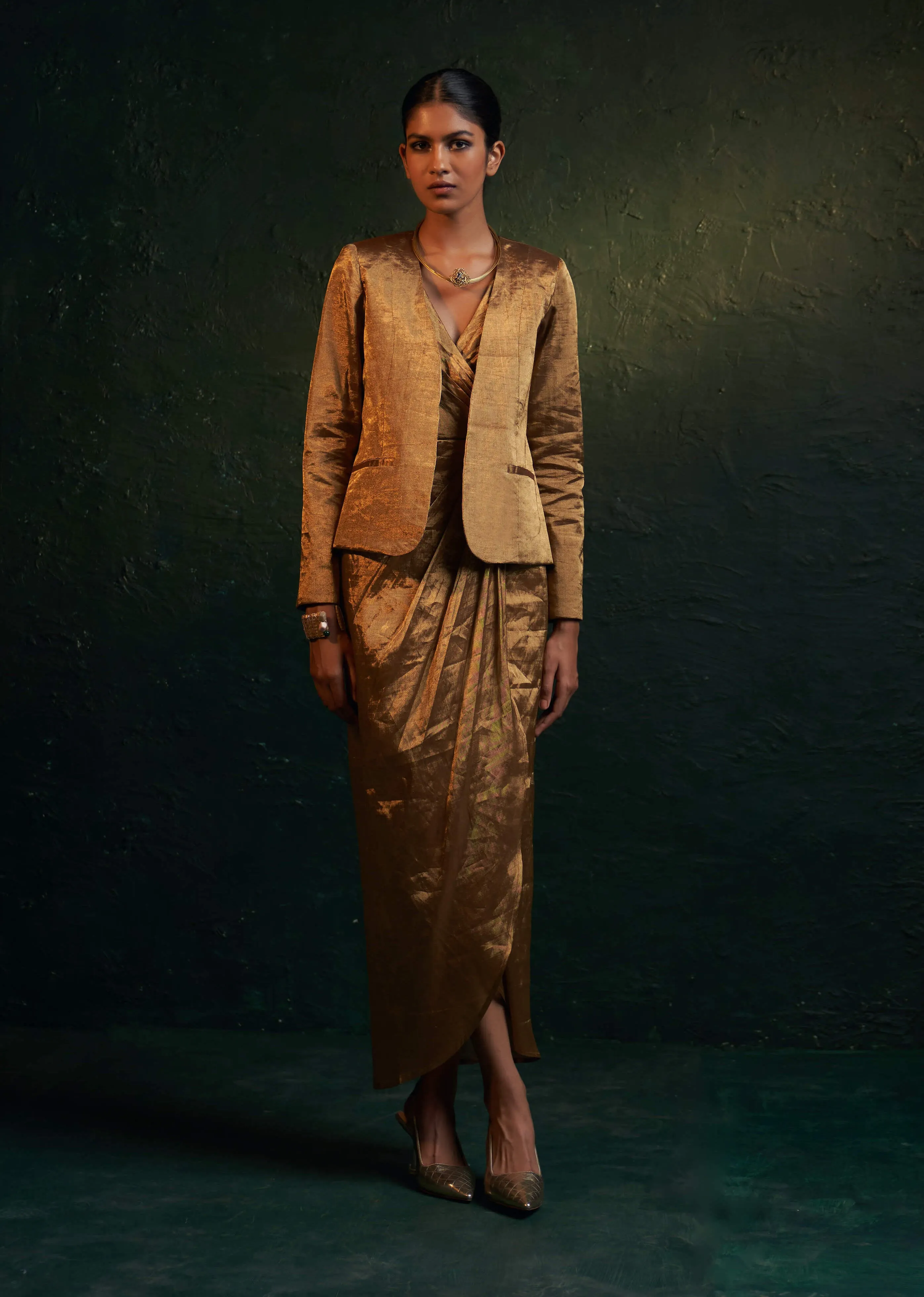 Gold drape dress and jacket