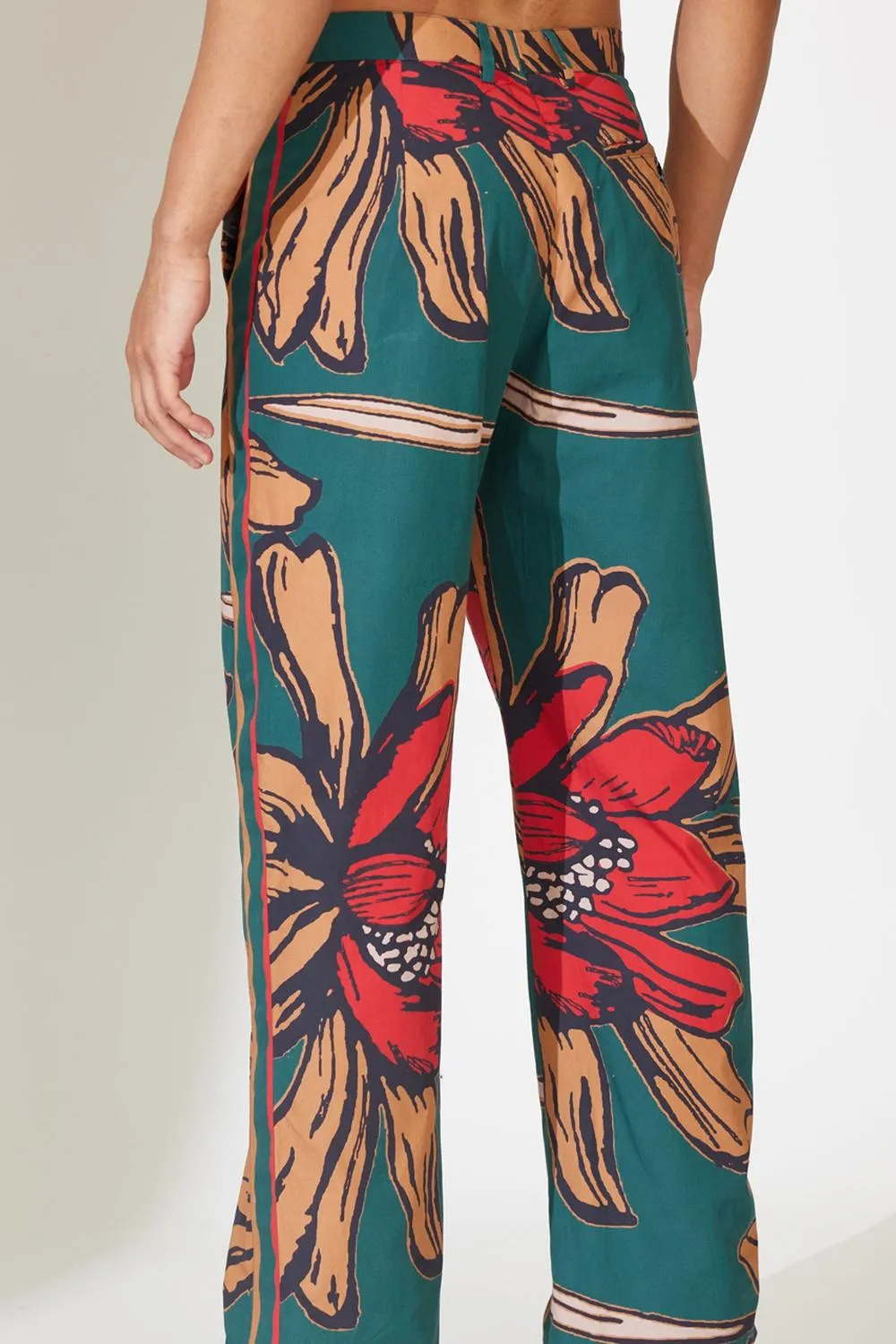 Green, Beige And Red Floral Pants