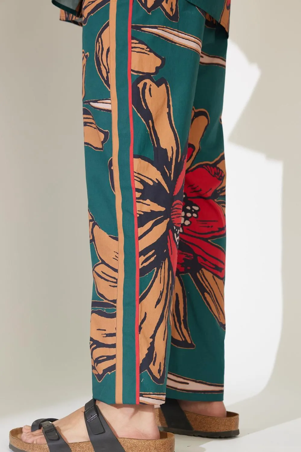 Green, Beige And Red Floral Pants