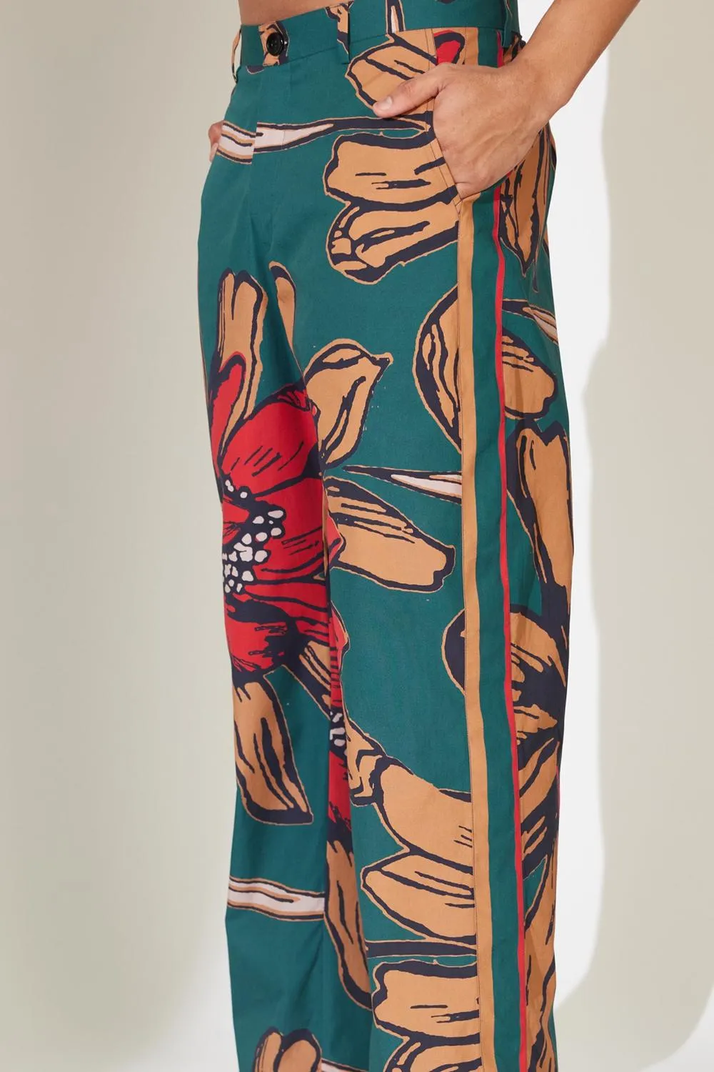 Green, Beige And Red Floral Pants