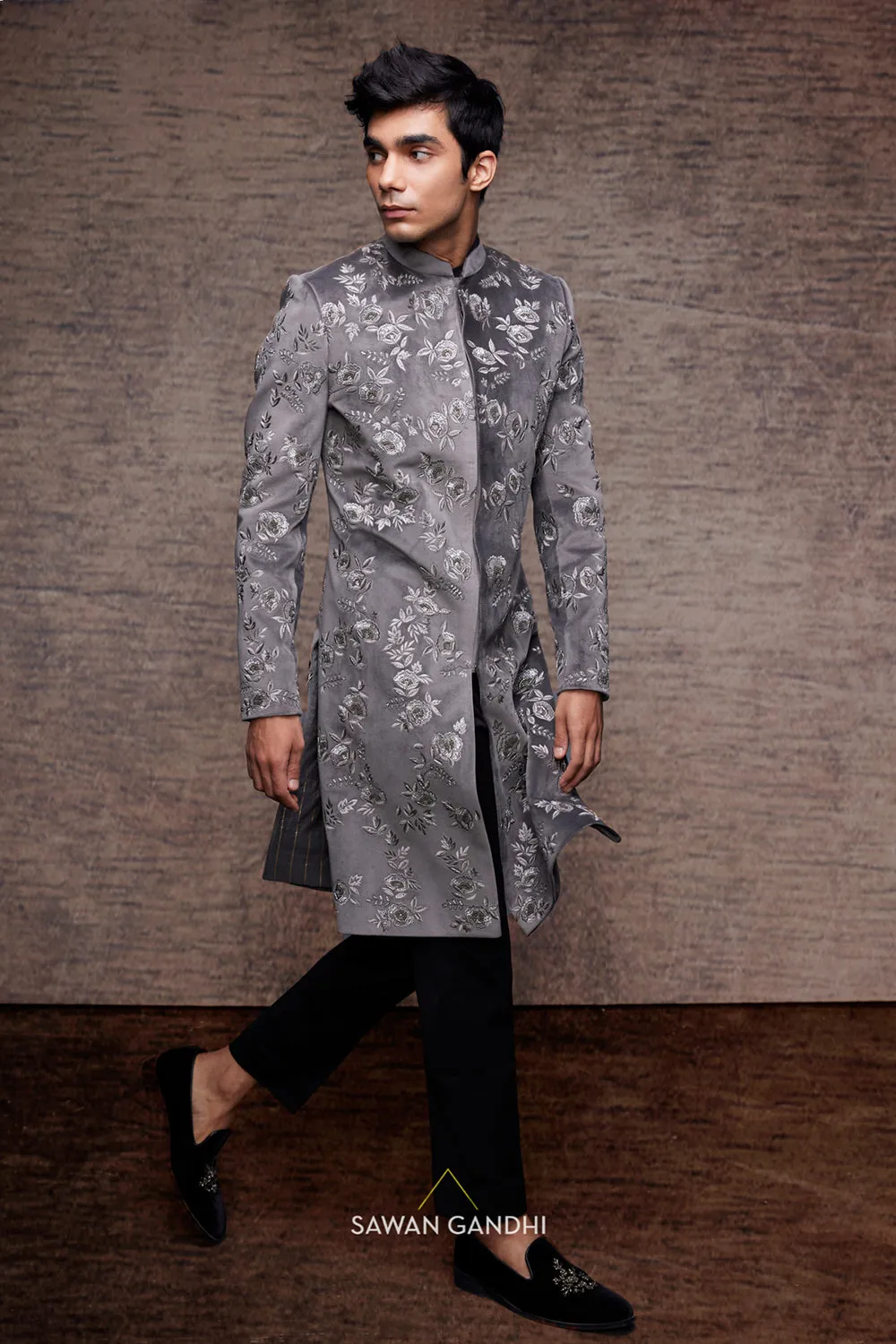 Grey velvet resham work sherwani