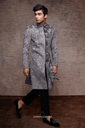 Grey velvet resham work sherwani