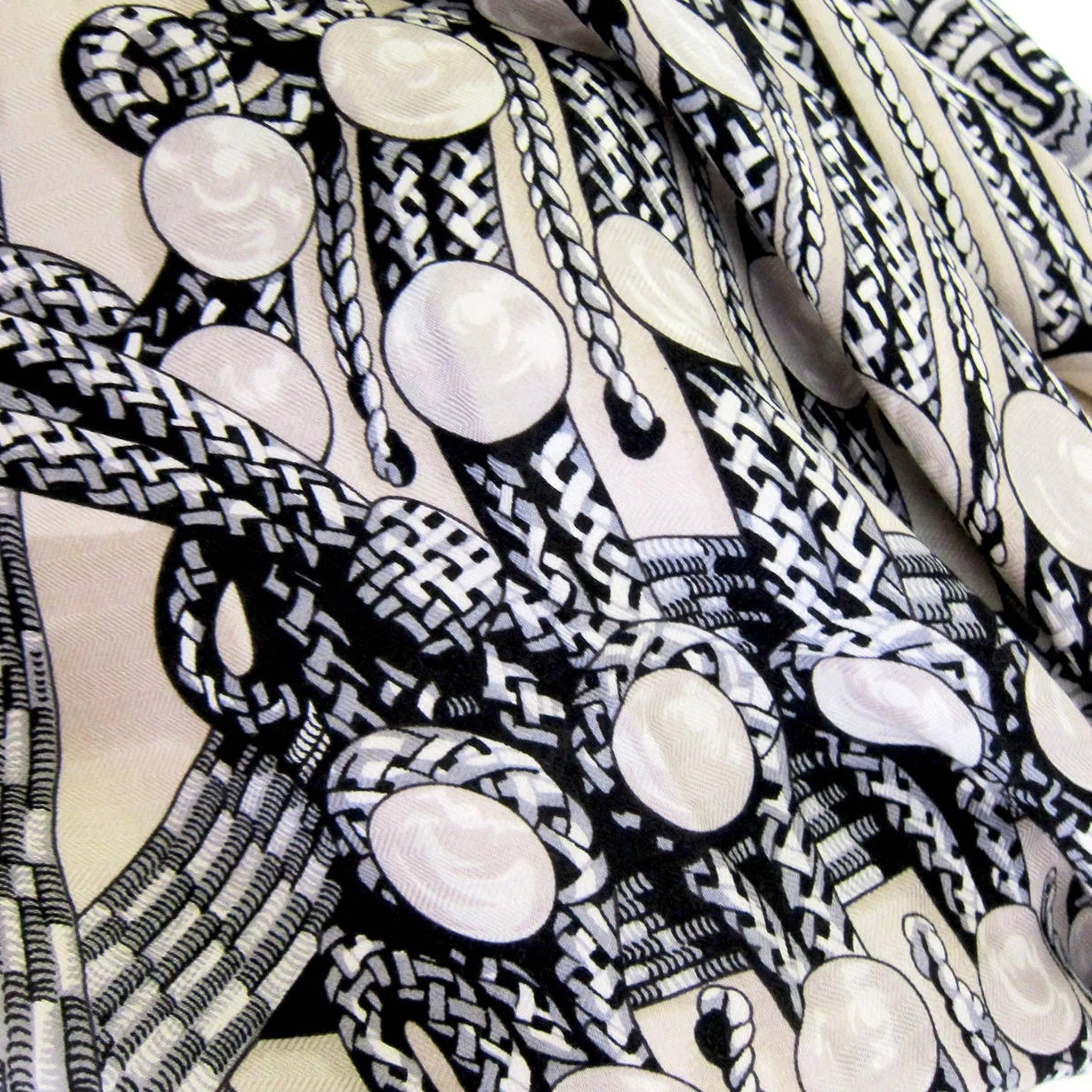 Hermes Brandebourgs Black White Cashmere Silk Shawl