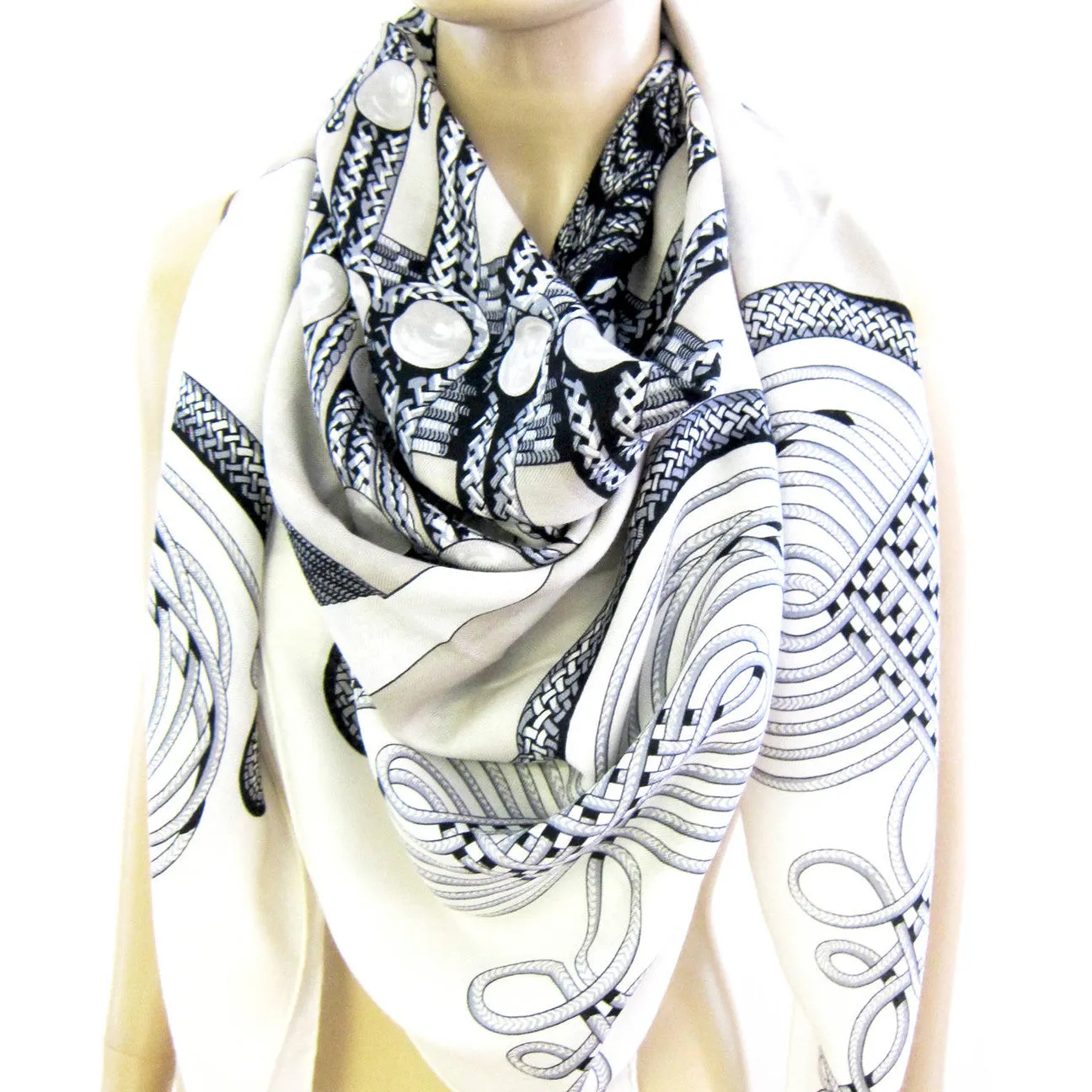 Hermes Brandebourgs Black White Cashmere Silk Shawl