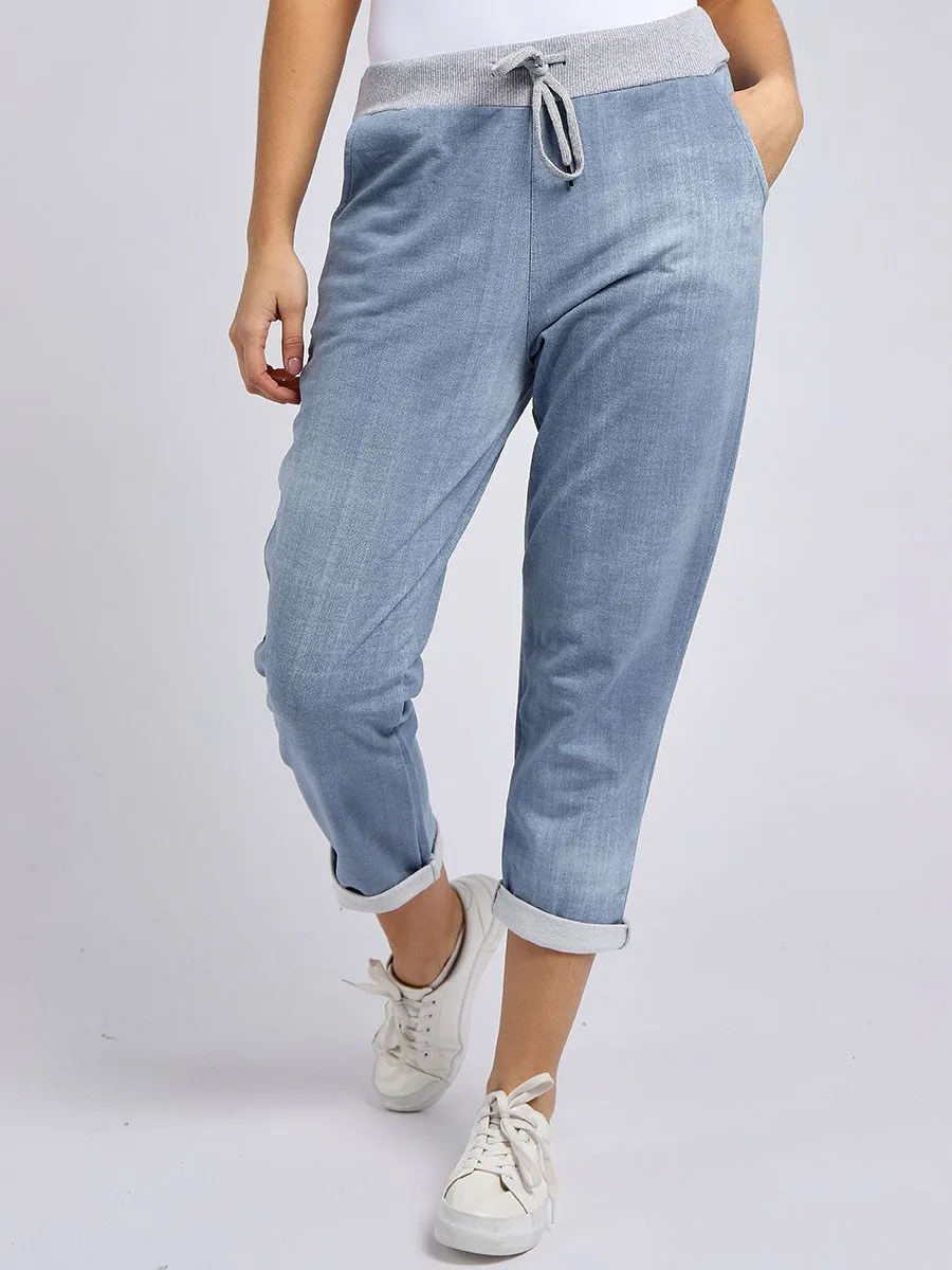 Italian Stretch Cotton Trousers ~ Denim Look Light Blue