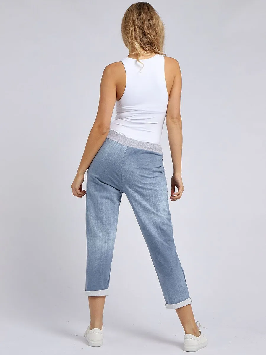 Italian Stretch Cotton Trousers ~ Denim Look Light Blue