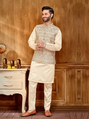 Ivory Cream Delicate Floral Embroidered Kurta Jacket Set for Men