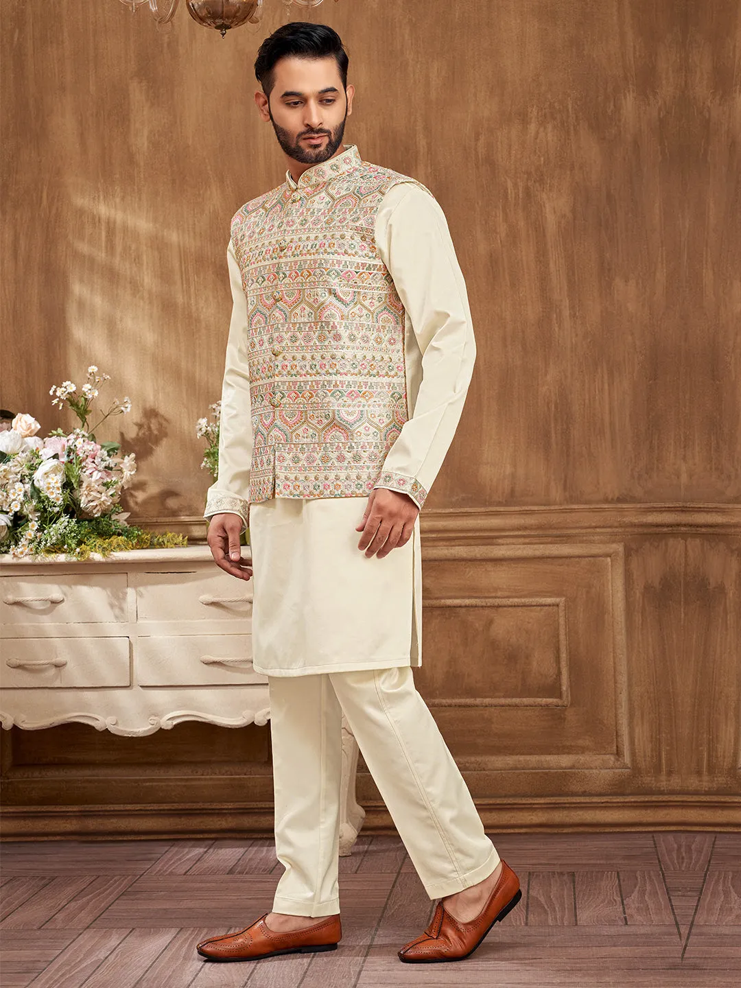 Ivory Cream Delicate Floral Embroidered Kurta Jacket Set for Men