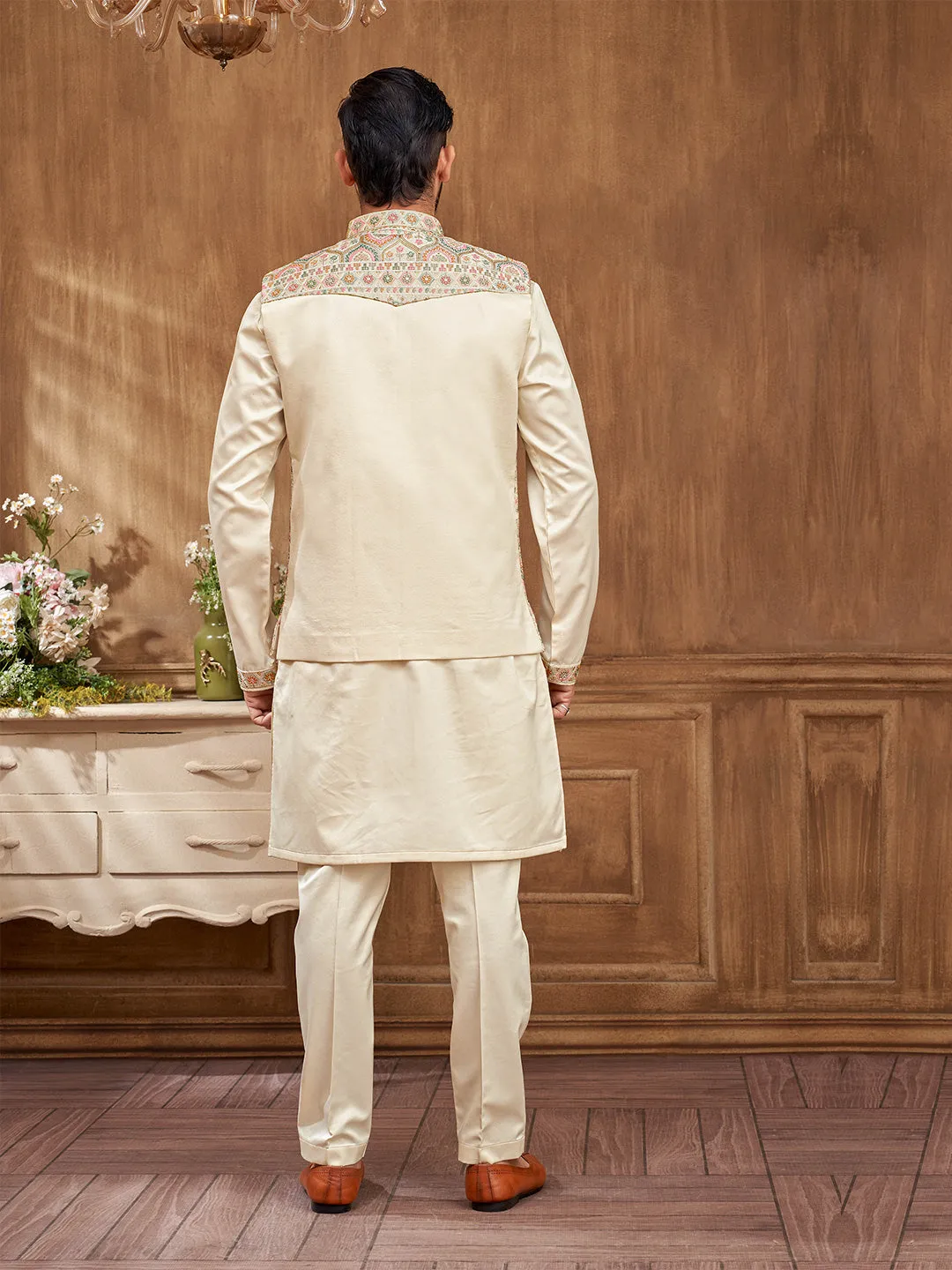 Ivory Cream Delicate Floral Embroidered Kurta Jacket Set for Men