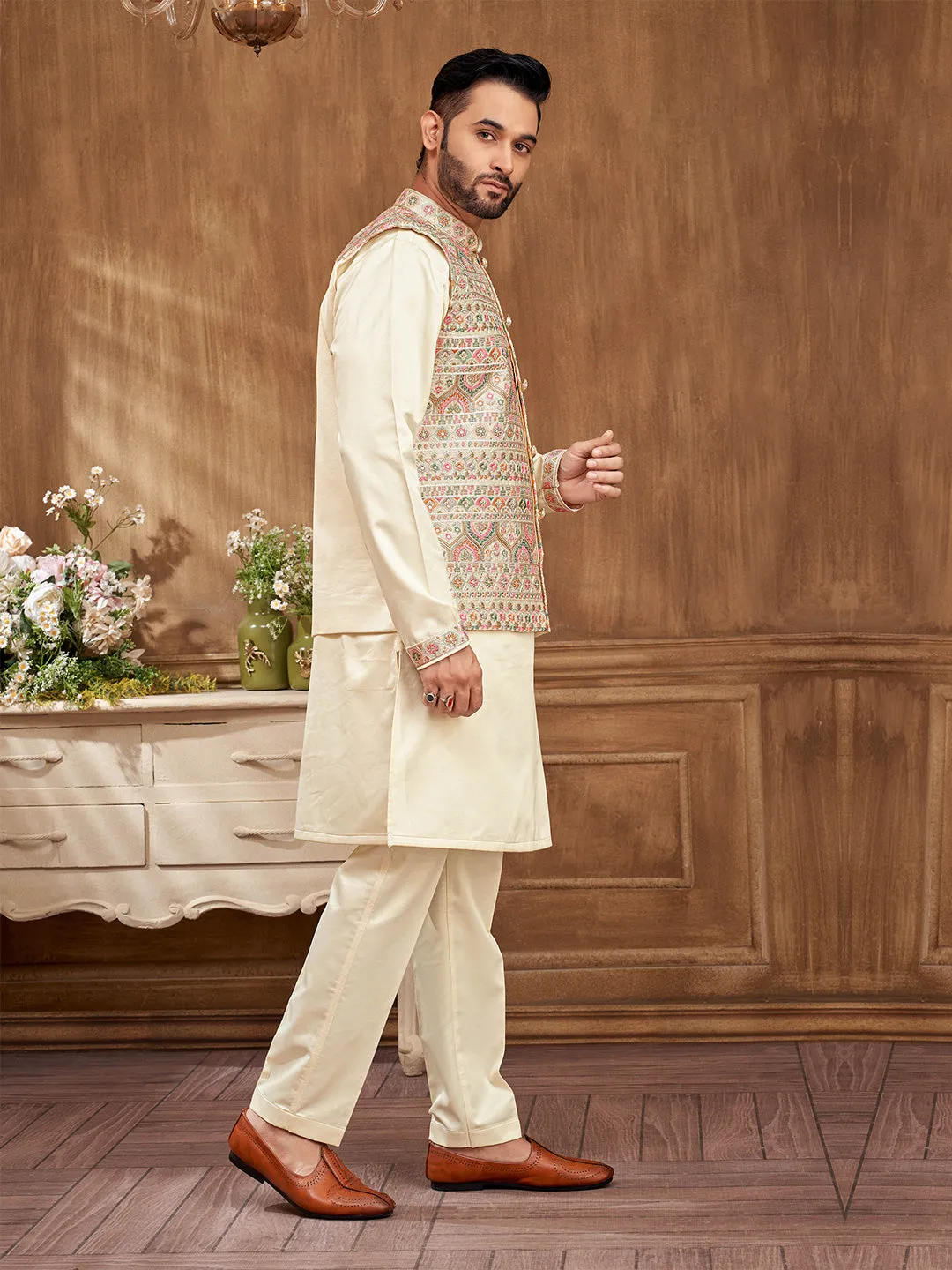 Ivory Cream Delicate Floral Embroidered Kurta Jacket Set for Men
