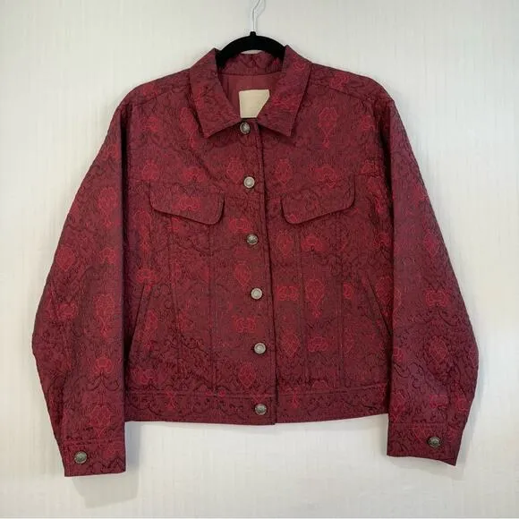 J. Jill Red Vintage Red Jacquard Jacket Embroidered Denim Women’s Small Unique