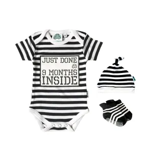 Just Done 9 Months Inside® Onesie Gift Set - Baby Shower Gift - Vest, Hat and Socks Bundle