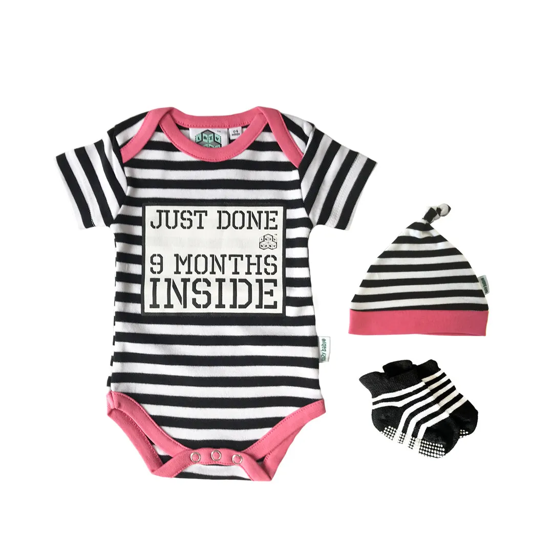 Just Done 9 Months Inside® Onesie Gift Set - Baby Shower Gift - Vest, Hat and Socks Bundle