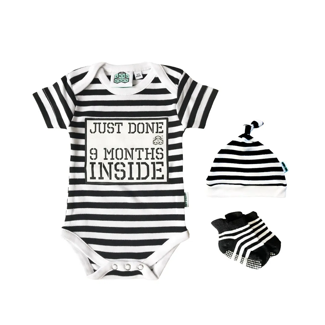 Just Done 9 Months Inside® Onesie Gift Set - Baby Shower Gift - Vest, Hat and Socks Bundle