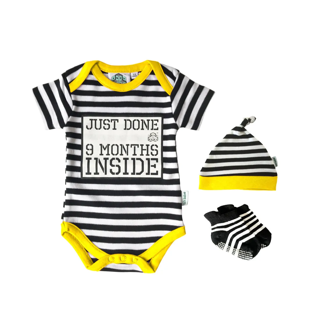 Just Done 9 Months Inside® Onesie Gift Set - Baby Shower Gift - Vest, Hat and Socks Bundle