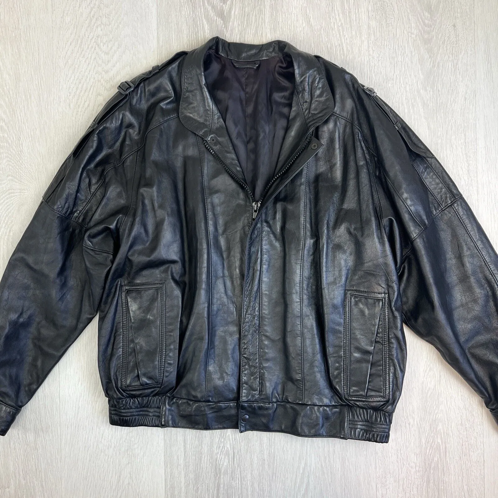 KRZNO Black Leather Retro Full Zip Jacket Size L/XL Approx