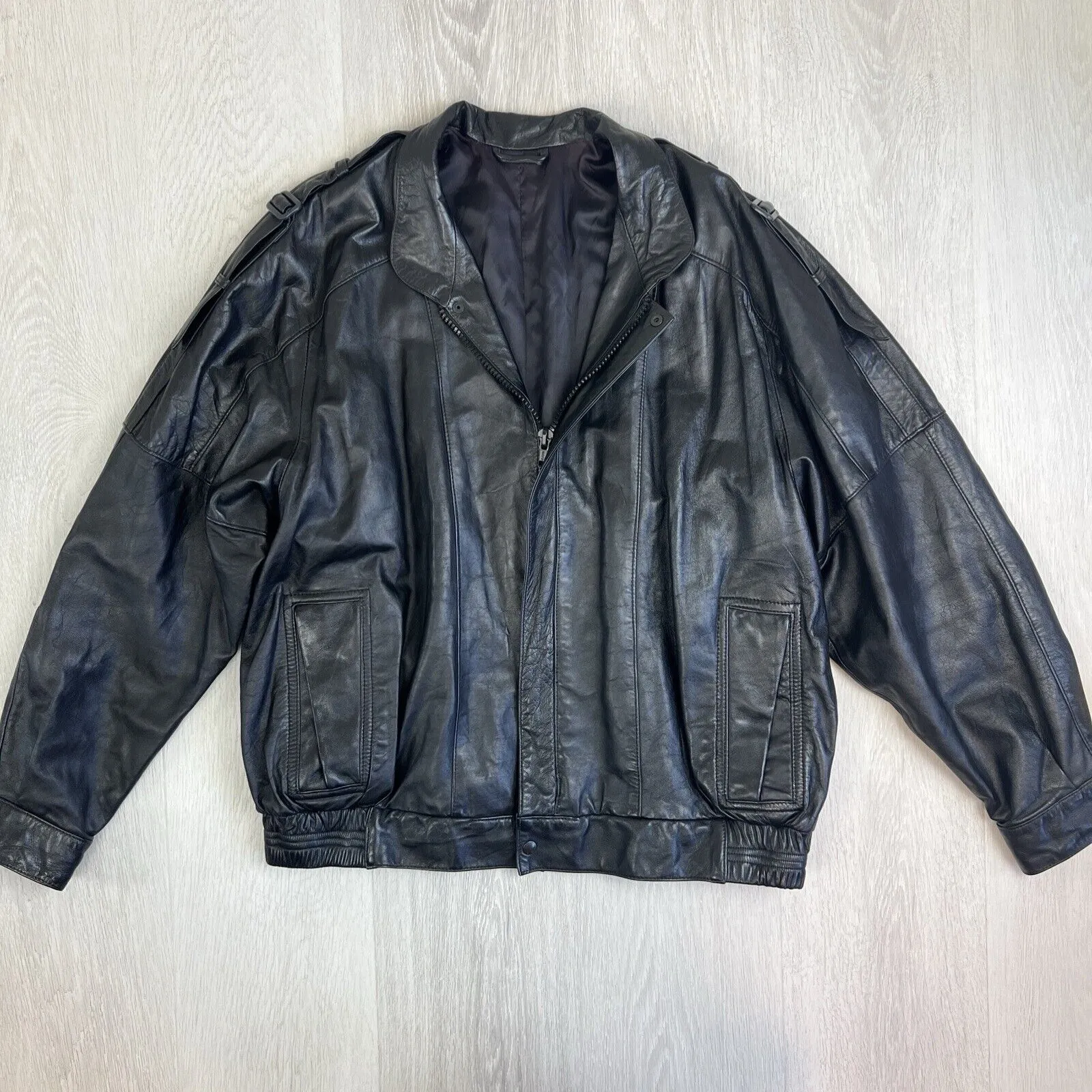 KRZNO Black Leather Retro Full Zip Jacket Size L/XL Approx