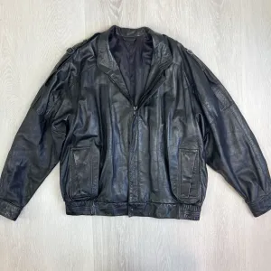 KRZNO Black Leather Retro Full Zip Jacket Size L/XL Approx